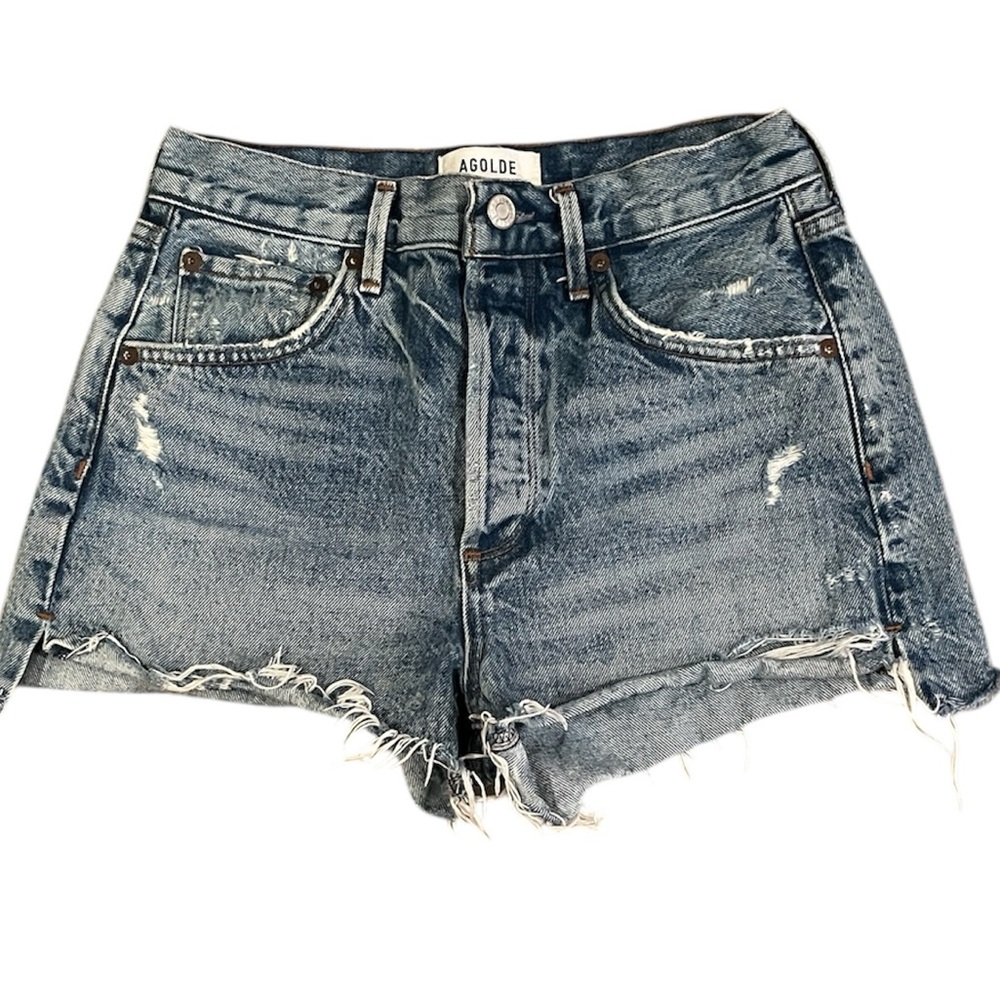 Agolde Dark Blue Frayed Hem Jean Shorts Button Fly Size 25
